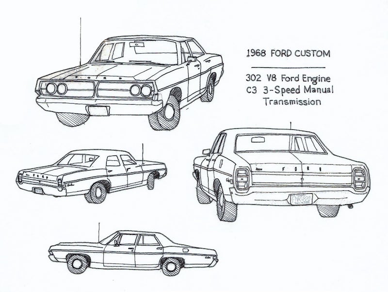 Hand-drawn pictures of a 1968 Ford Galaxie
