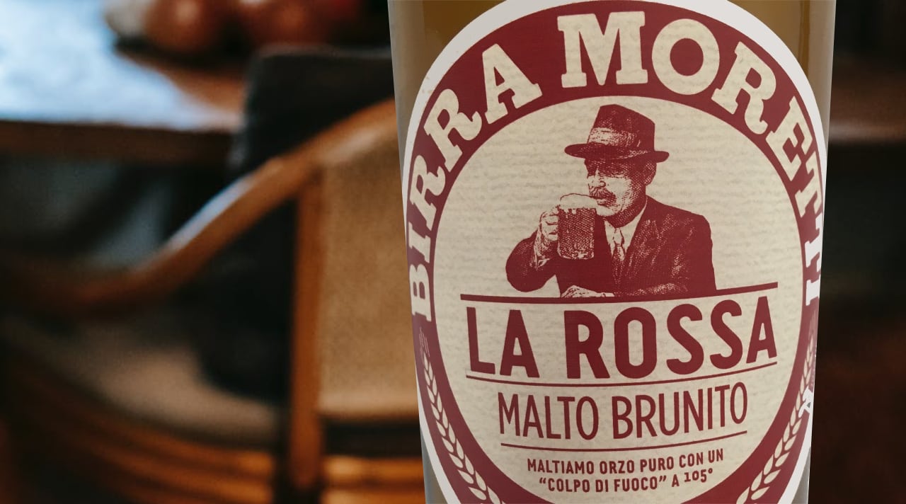La Rossa Malto Brunito label with drawing of a man in a 50’s hat