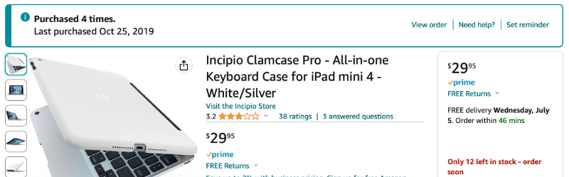 Amazon screenshot showing I have purchased the Clamcase Pro four times