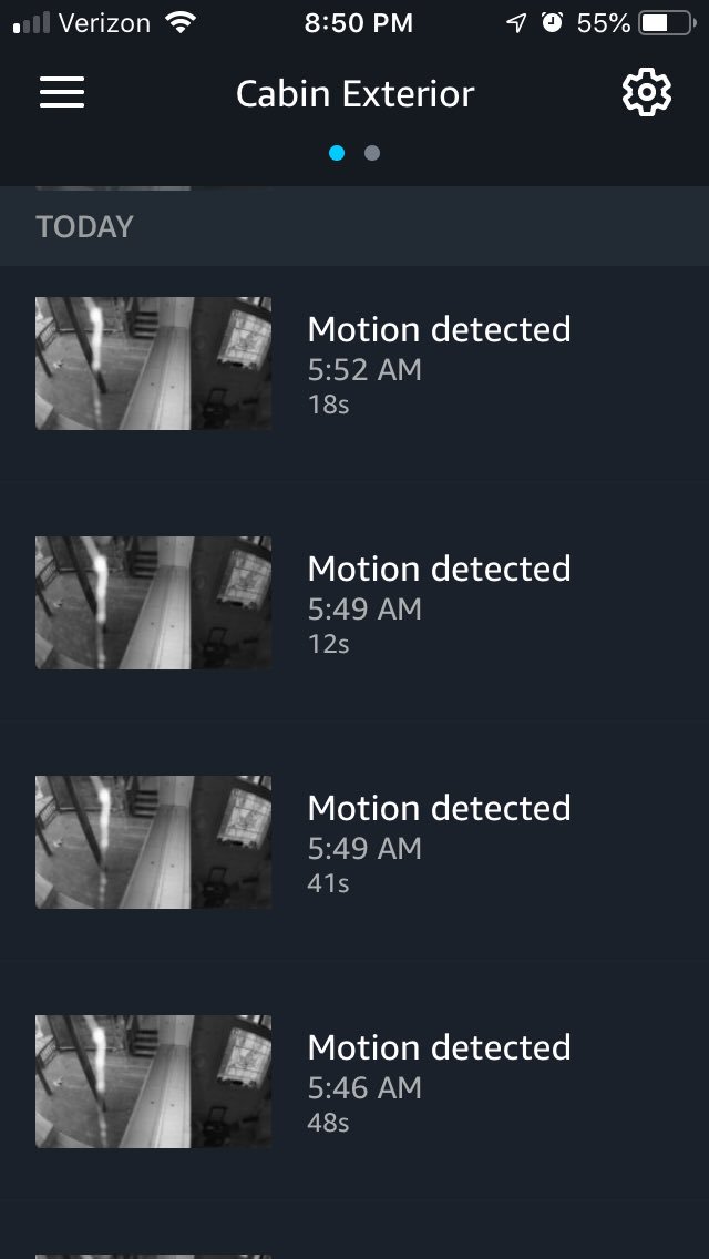 Screenshot of the Cloud Cam iPhone app, with images indicating that motion was detected 4 times within a 6-minute span