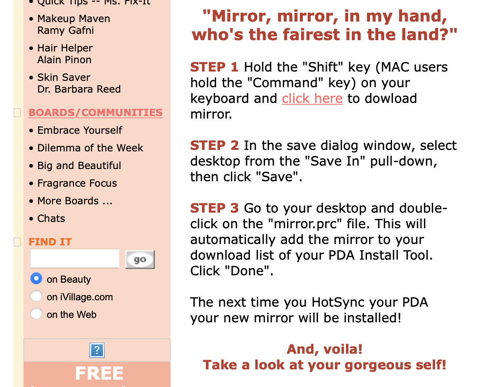 Old screenshot of the iVillage website mentioning the Mirror app