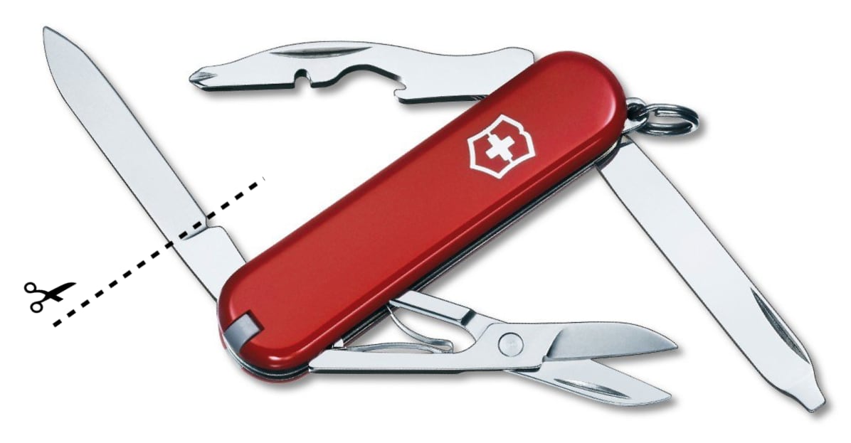 Stock photo of a small Swiss army knife, indicating cutting off a blade