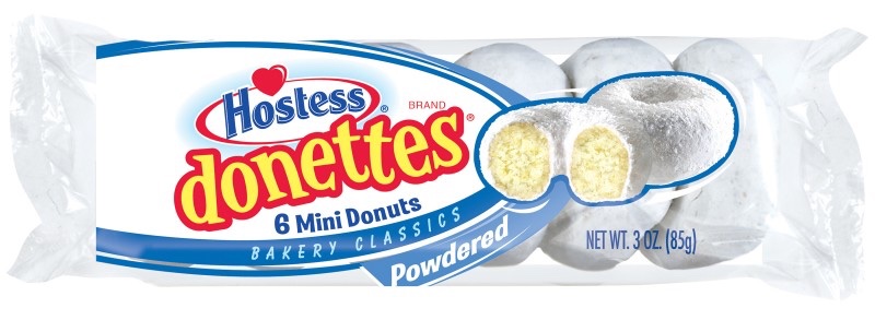A package of 6 powdered sugar Hostess Donettes
