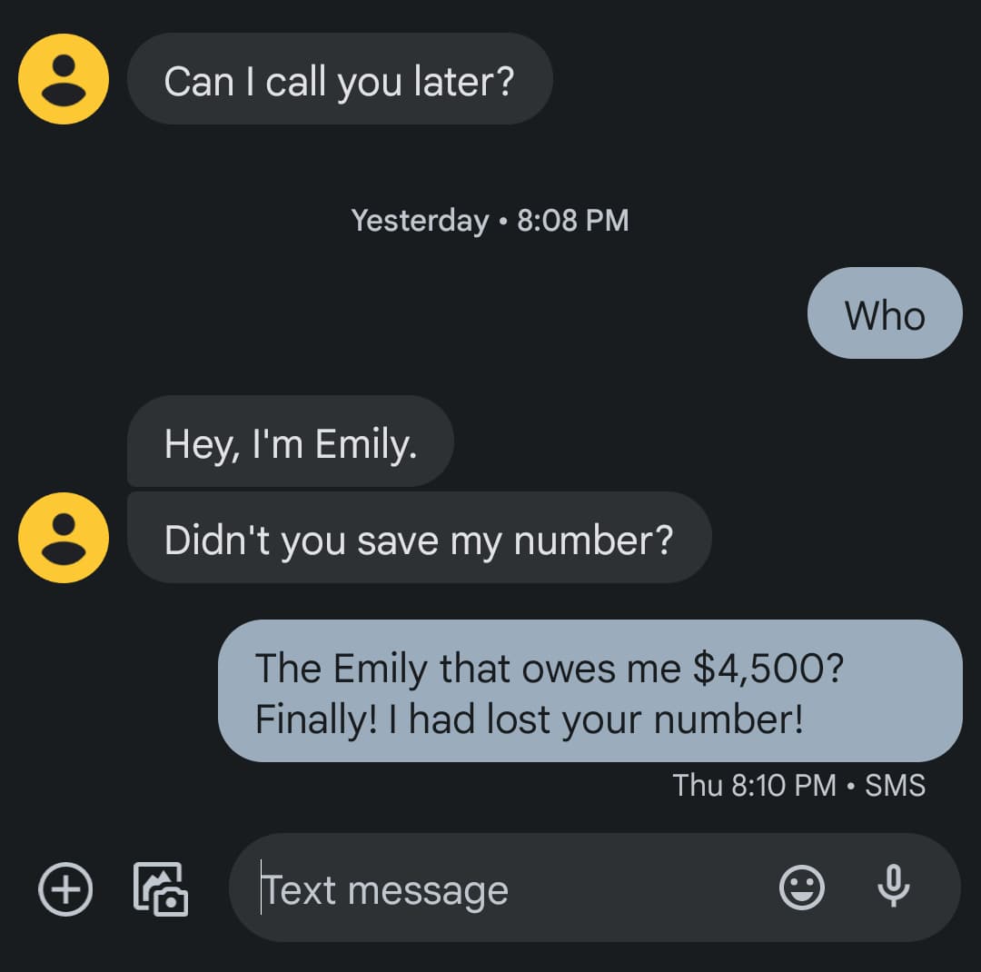 Screenshot. Them: Can I call you later? / Me: Who / Them: Hey, I'm Emily. Didn't you save my number? / Me: The Emily that owes me $4,500? Finally! I had lost your number!